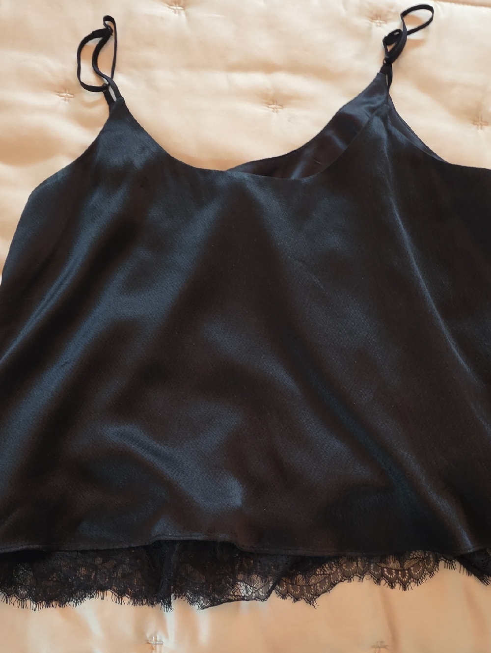 T Tahari Black Satin Camisole with Lace Hem